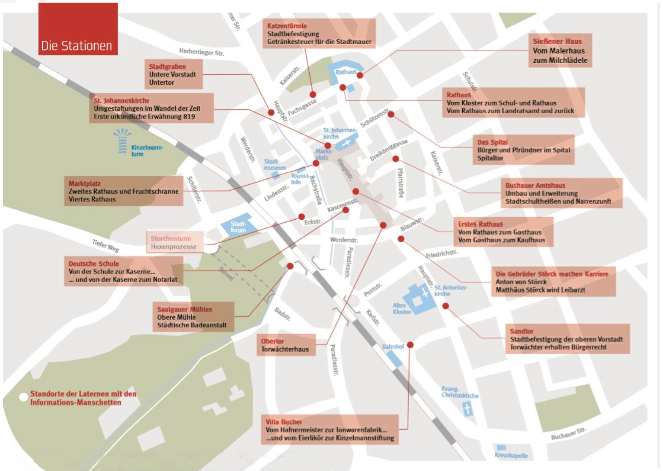 Karte der Innenstadt von Bad Saulgau mit den Hotspots des QR-Rundgangs